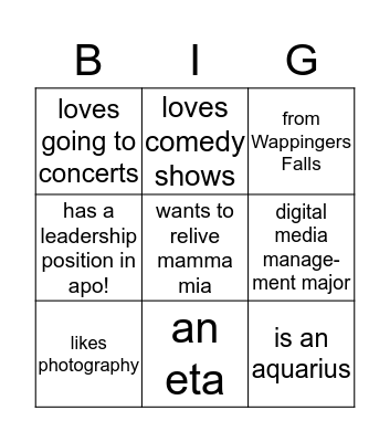 BIG BINGO  Bingo Card