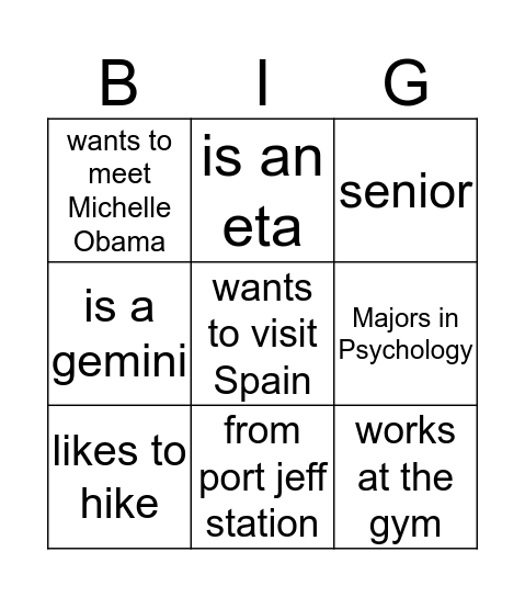 BIG BINGO  Bingo Card