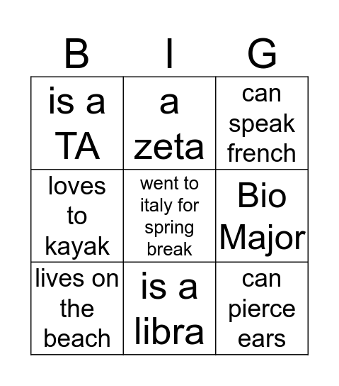 BIG BINGO  Bingo Card