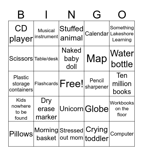 Homeschool Room Bingo Card