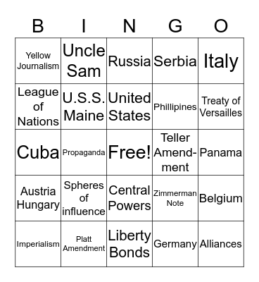 Imperialism and WW1 Bingo Card