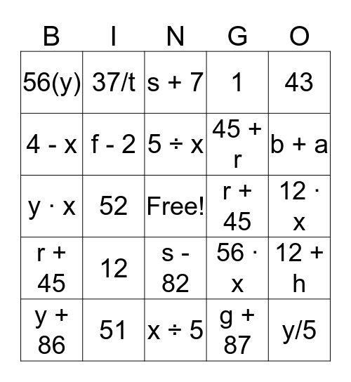 Algebraic Expressions Bingo Card