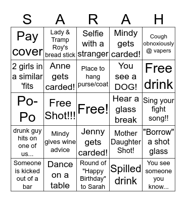 Sarah's 21st Birthday Bash!! Bingo Card