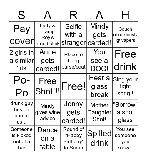Sarah's 21st Birthday Bash!! Bingo Card