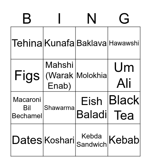 Egyptian Food Bingo Card