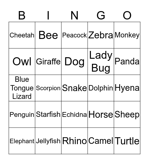Animal Bingo Card
