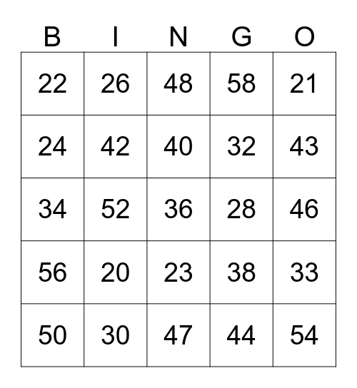 Los Números 20 - 50 Bingo Card