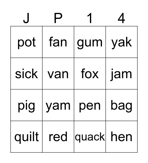 Jolly Phonics 1-4 Bingo Card