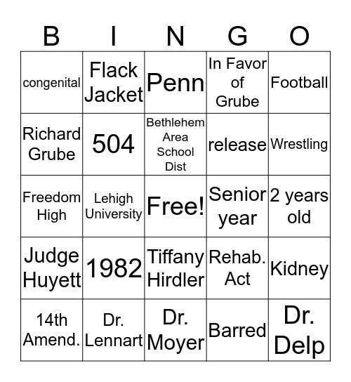 Grube v Bethlehem Area School District Bingo Card