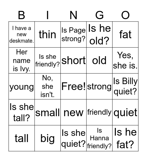 Is she friendly? Bingo Card