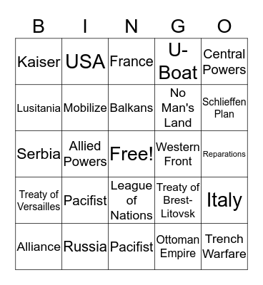 WWI Bingo Card