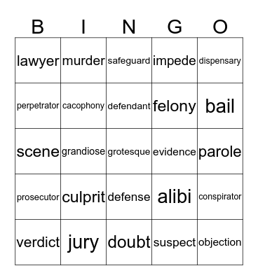 Classic Trials Vocabulary Bingo Card