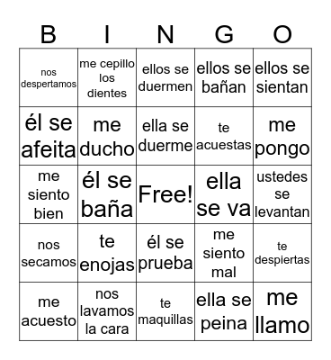 Reflexive Verbs Bingo Card