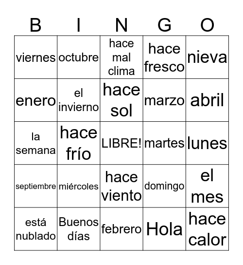 El tiempo y las estaciones Bingo Card