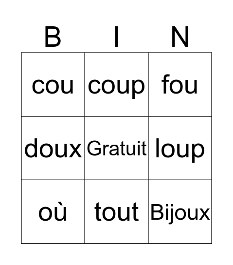 Les mots avec <<OU>> Bingo Card