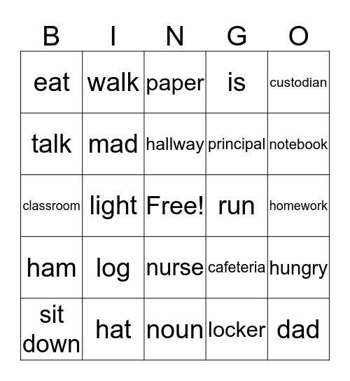 Words Bingo Card