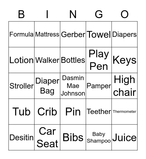 Sadie's Baby Shower Bingo Card