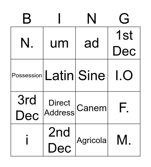 L.A.T.I.N Bingoff Bingo Card