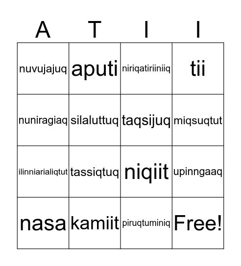 Inuktitut Bingo! Bingo Card