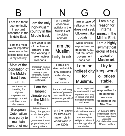 Middle East Content Review Bingo Card