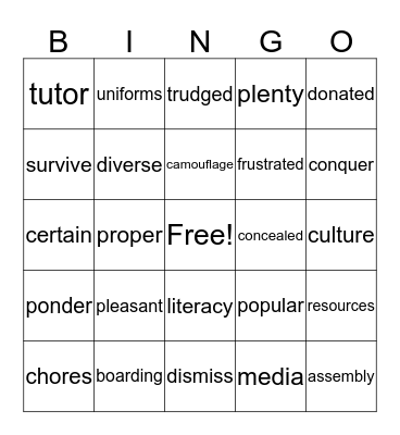 Vocabulary Bingo Card