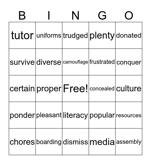 Vocabulary Bingo Card