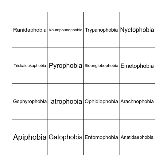 Phobia Bingo Card