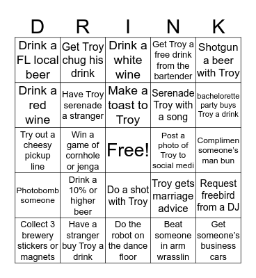 Troy’s Bacheville Drinko Bingo Card