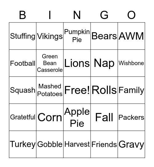 AWM Thanksgiving Bingo Card