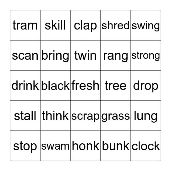 Blends and Glued Sounds Bingo Card