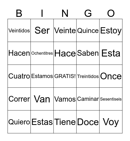 Numeros y Verbos Bingo Card