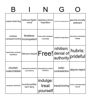 Vocabulary Words Bingo Card