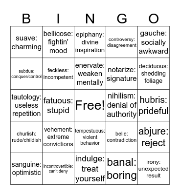 Vocabulary Words Bingo Card