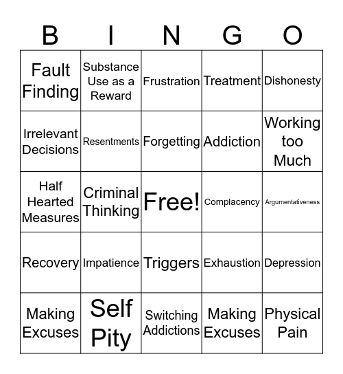 Recovery Bingo Card