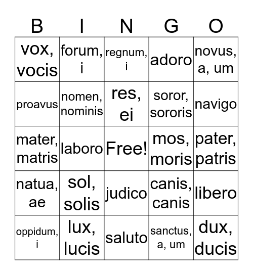 Latin Vocabulary Wk 6 Bingo Card