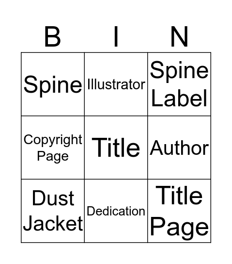 Parts of a Book  Bingo Card