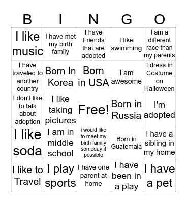 Adoption Bingo Card