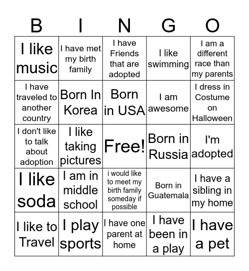 Adoption Bingo Card