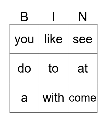 Sight words  Bingo Card