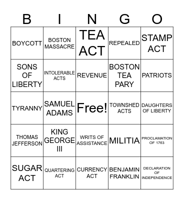 The Road to Revolution  Bingo Card