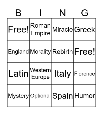 Medieval & Renaissance Drama Bingo Card