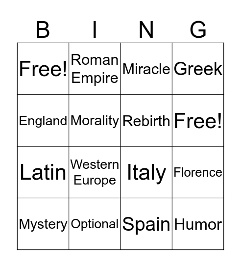 Medieval & Renaissance Drama Bingo Card