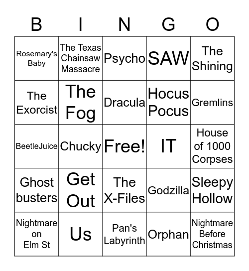 Halloween Movie Bingo Card