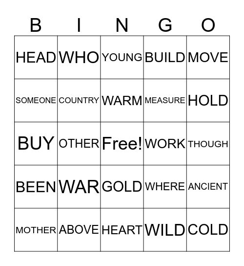 SIGHT WORD BINGO 1 Bingo Card