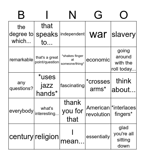 Professor Mason Bingo Card