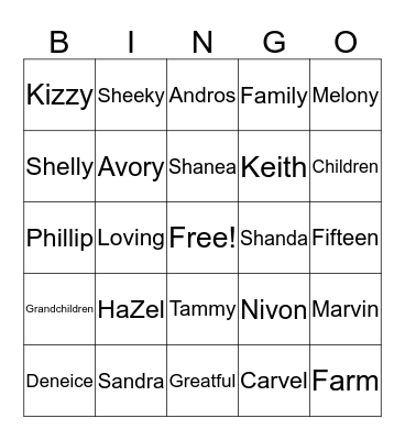Sargent Family Bingo Card