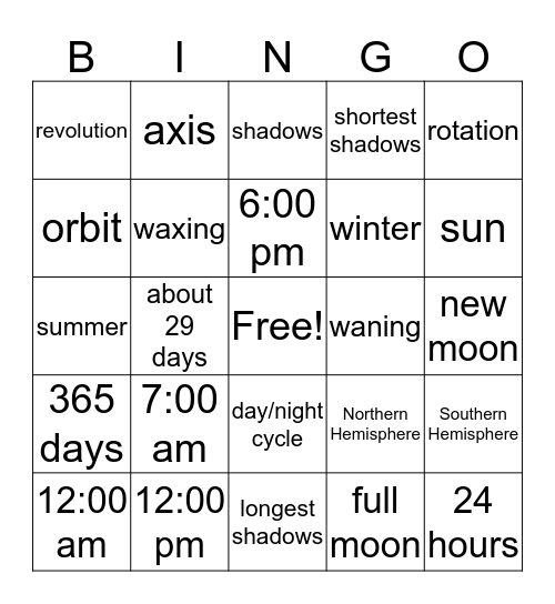 Earth's Cycles Bingo Card
