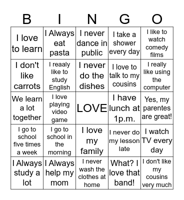 THINGS I DO.... Bingo Card