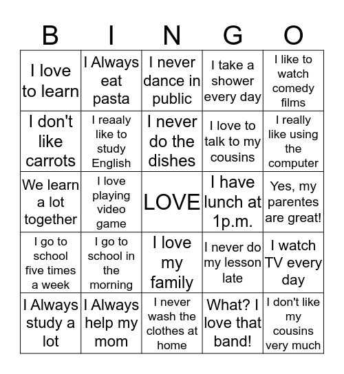 THINGS I DO.... Bingo Card