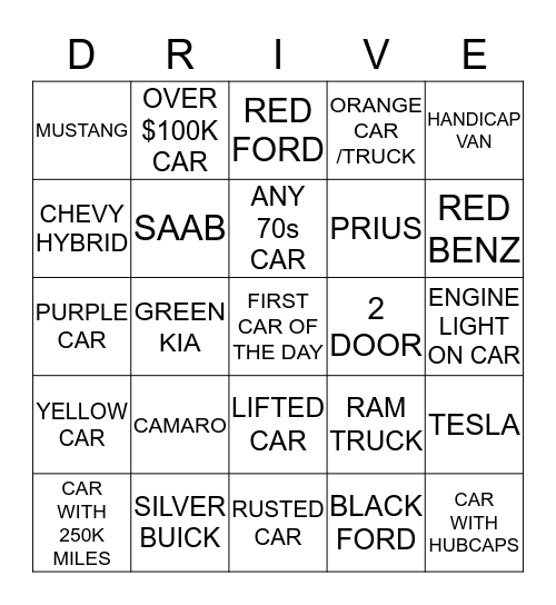 VALET BINGO Card